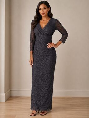 MARINA Formal Dress Size 4 Black Beaded Sequin Lace Tiered Long-Sleeve V‑Neck